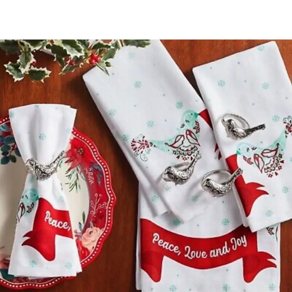 Pioneer Woman Mazie Bird Napkins & Napkin Rings 8pc Set NEW
